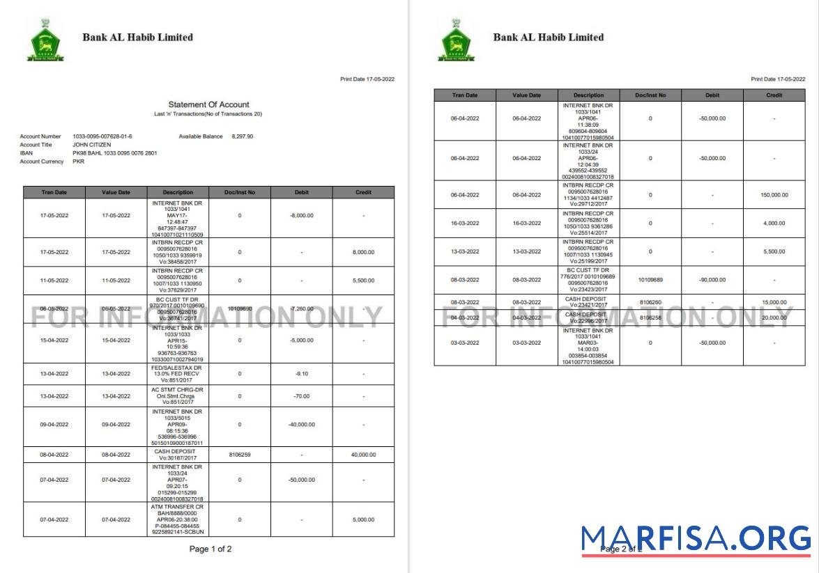 Downloadable Pakistan Bank Al Habib bank statement word 2 pages sample